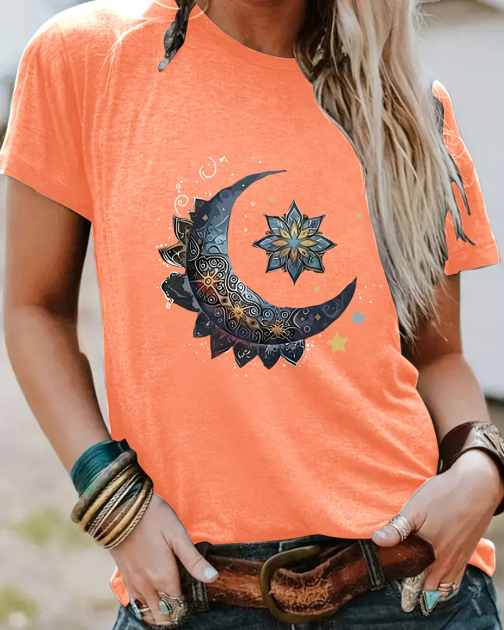 Celestial Moon Star Graphic Tee - Orange
