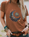 Celestial Moon Star Graphic Tee - Rust