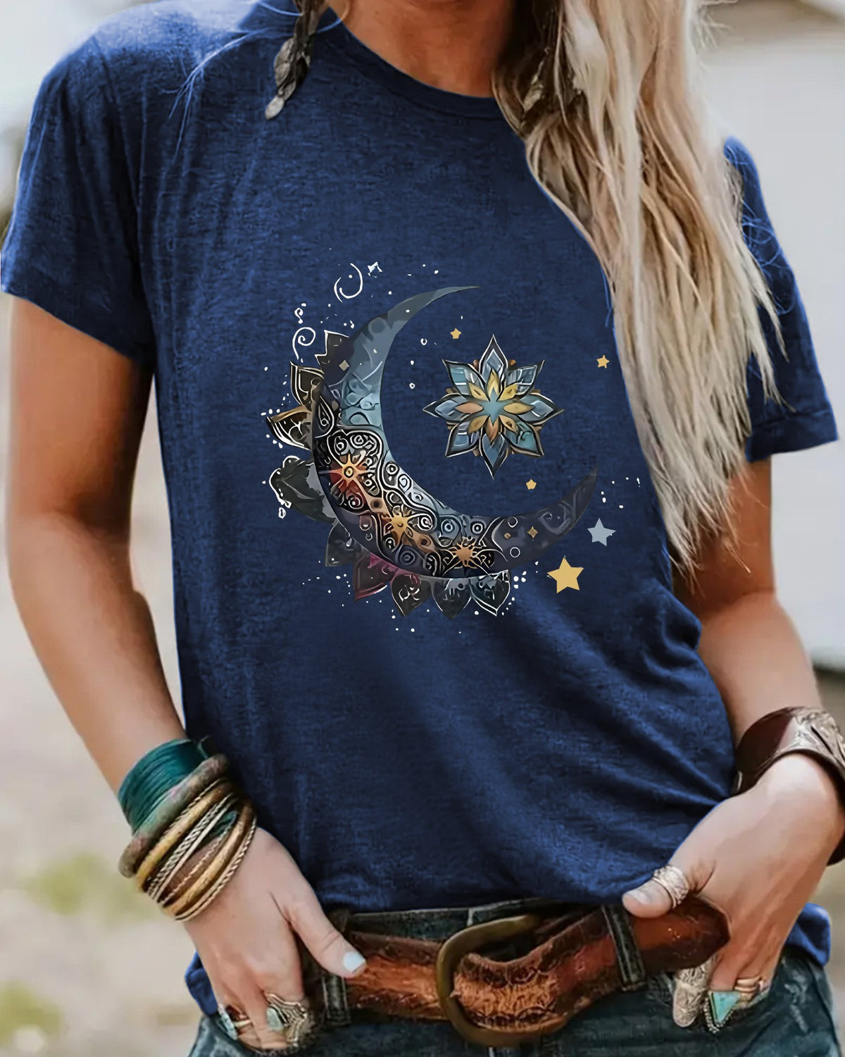 Celestial Moon Star Graphic Tee - TBlue