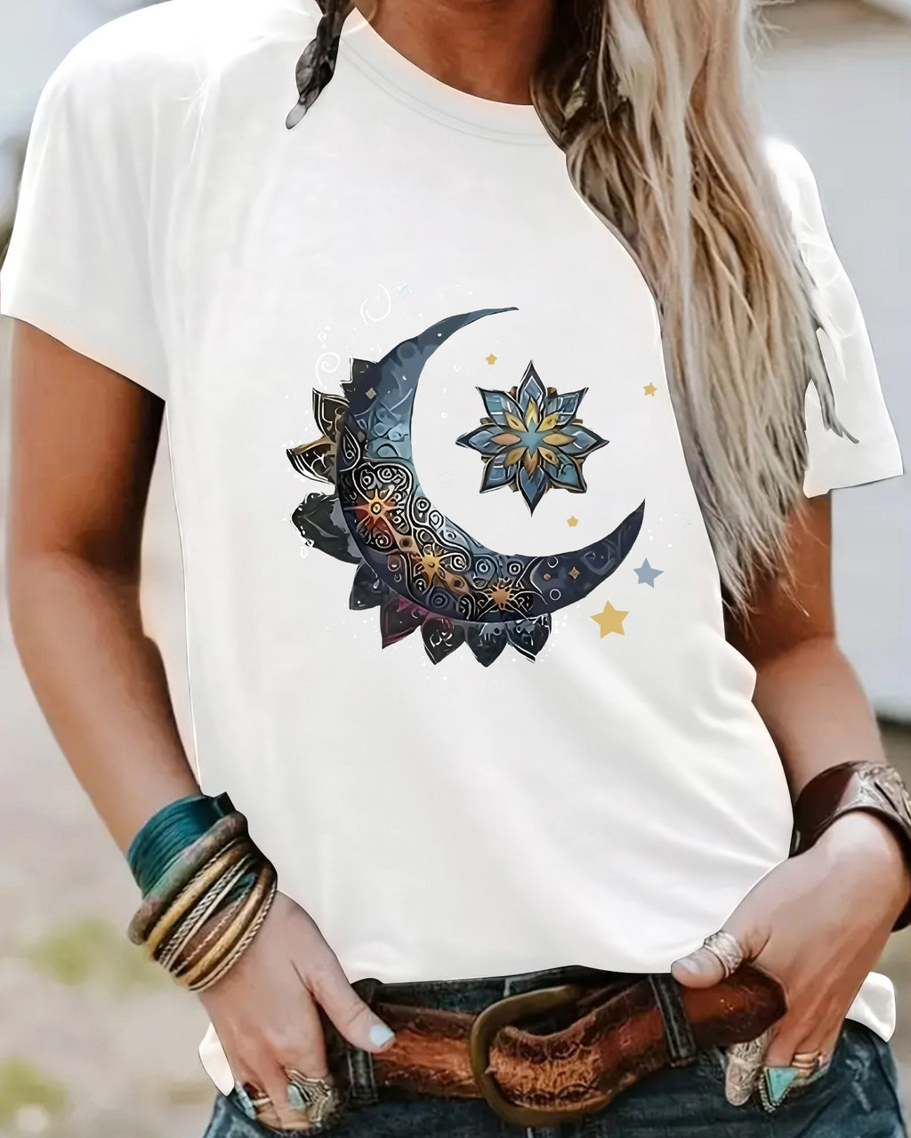 Celestial Moon Star Graphic Tee - White