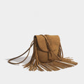 Fringe Faux Suede Saddle Crossbody Bag - Camel