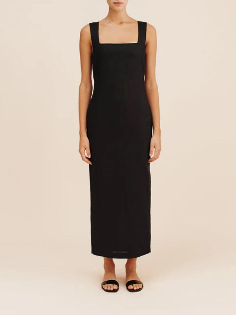 Square Neck Linen Column Maxi Dress - black