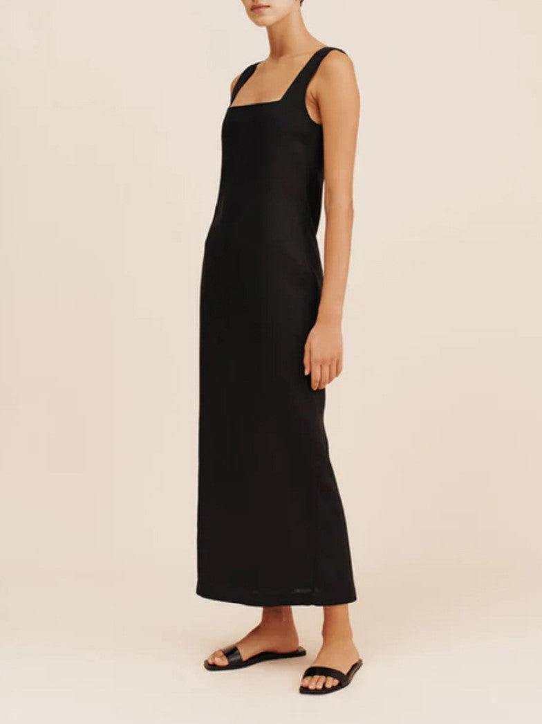 Square Neck Linen Column Maxi Dress - black - 1