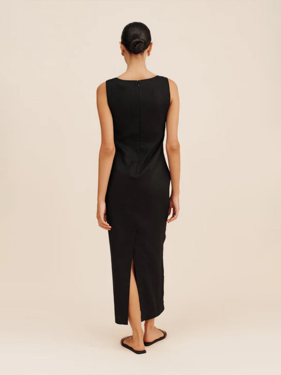 Square Neck Linen Column Maxi Dress - black - 2