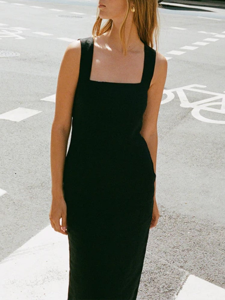 Square Neck Linen Column Maxi Dress - black - 3