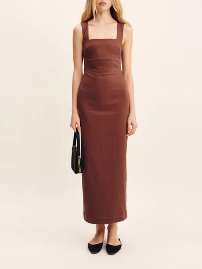 Square Neck Linen Column Maxi Dress - brown