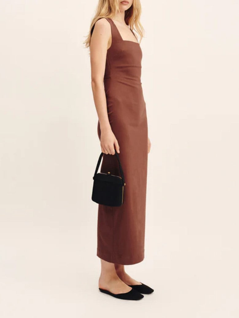 Square Neck Linen Column Maxi Dress - brown - 1