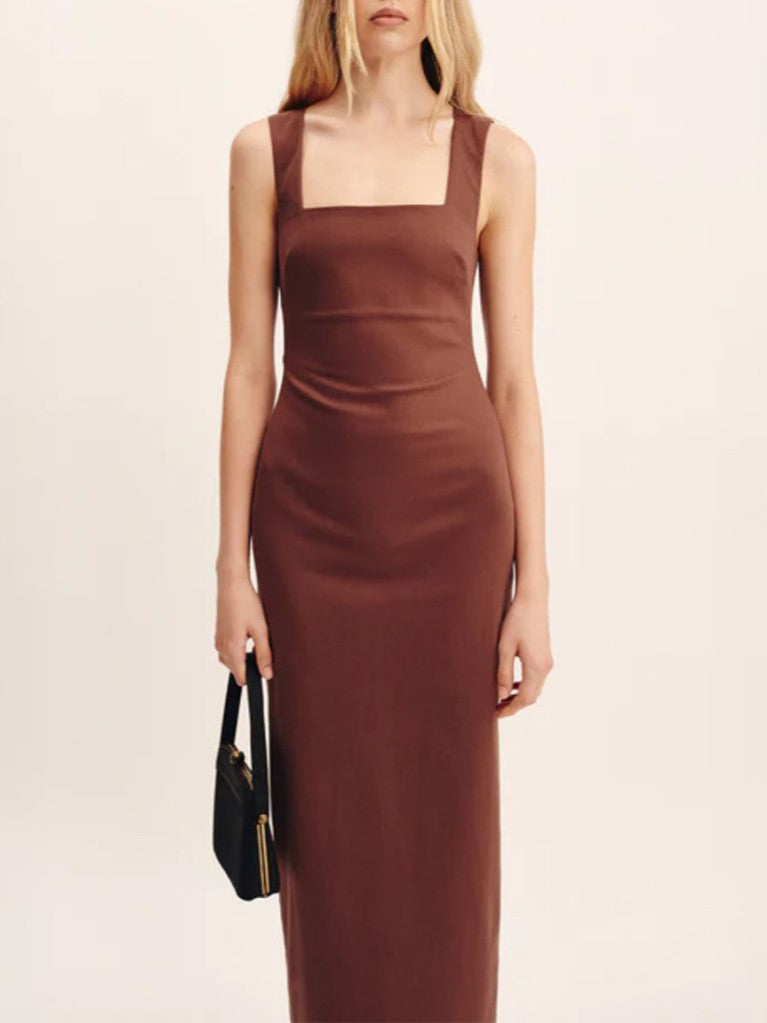 Square Neck Linen Column Maxi Dress - brown - 4