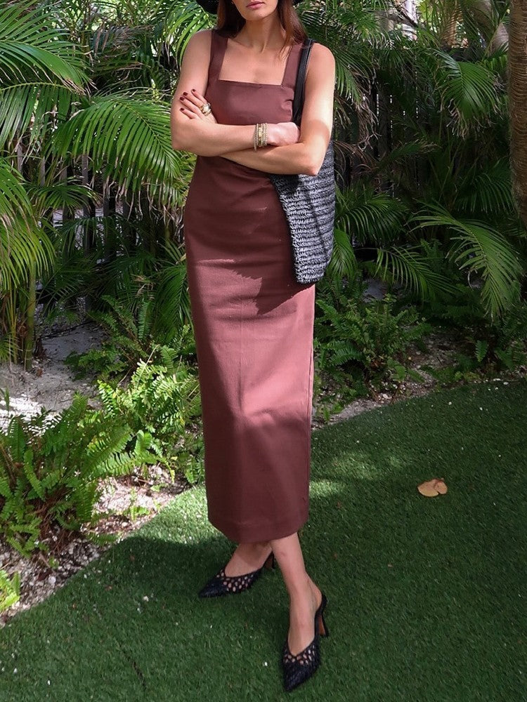Square Neck Linen Column Maxi Dress - brown - 6