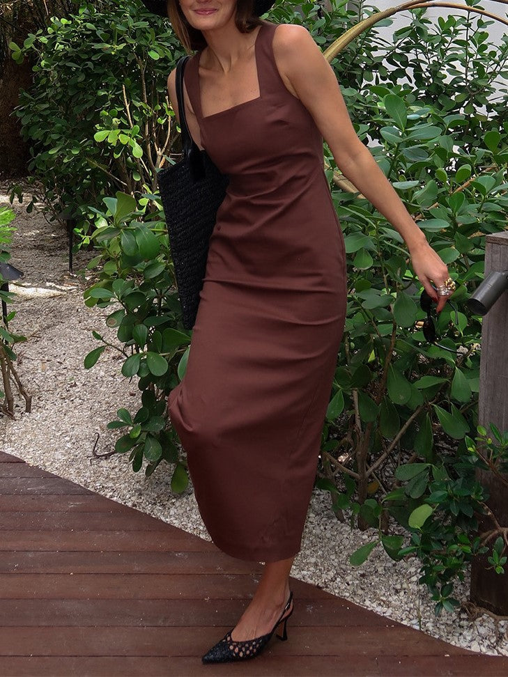 Square Neck Linen Column Maxi Dress - brown - 7