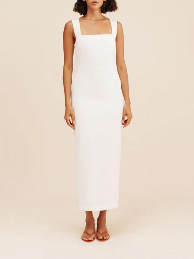 Square Neck Linen Column Maxi Dress - white