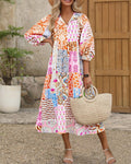 Boho Patchwork Print Tiered Midi Dress - Pink