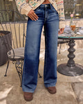 Faded High Rise Wide Leg Straight Jeans - DarkBlue