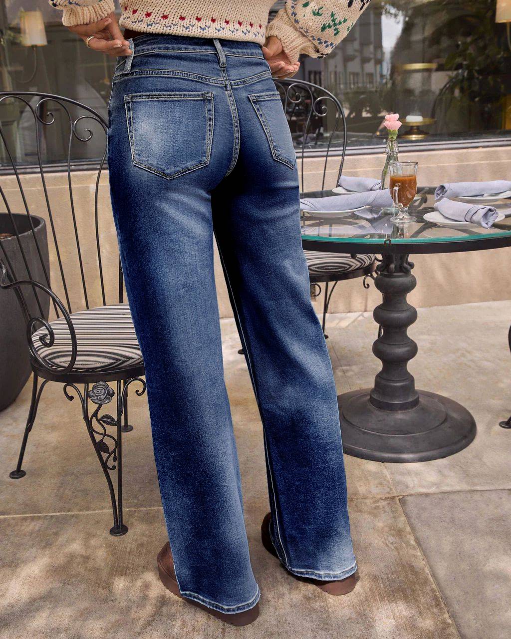 Faded High Rise Wide Leg Straight Jeans - DarkBlue - 4