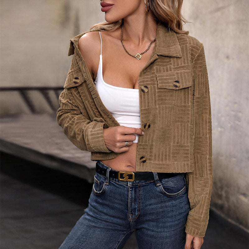 Cropped Corduroy Button Up Trucker Jacket - Khaki