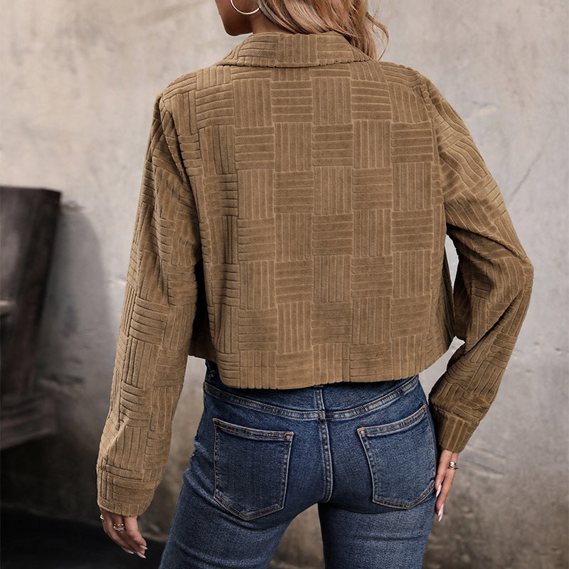 Cropped Corduroy Button Up Trucker Jacket - Khaki - 1