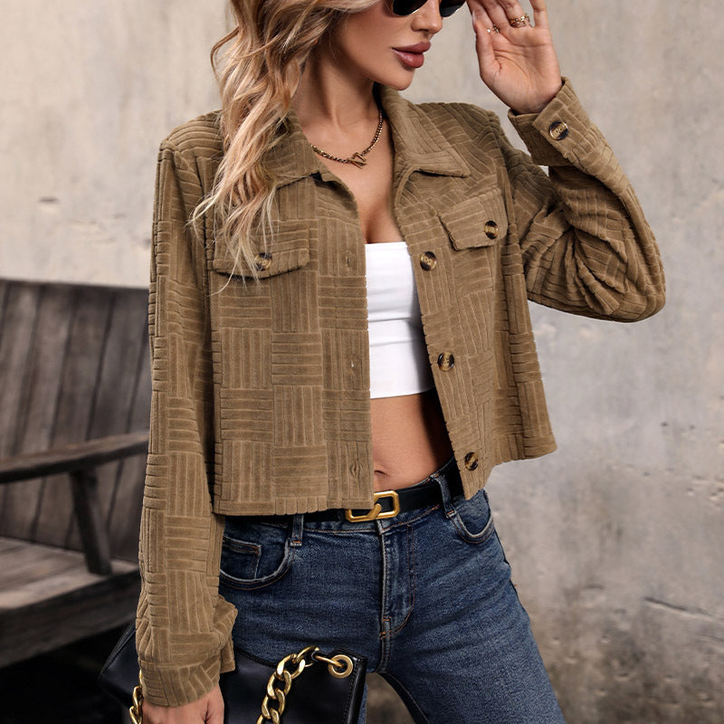 Cropped Corduroy Button Up Trucker Jacket - Khaki - 3