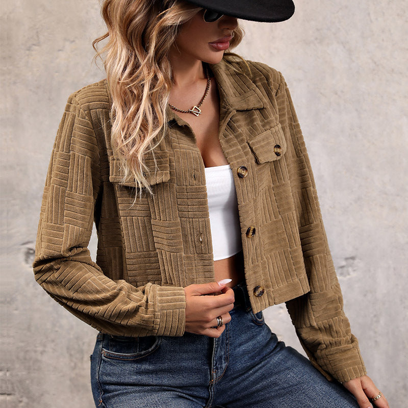 Cropped Corduroy Button Up Trucker Jacket - Khaki - 4