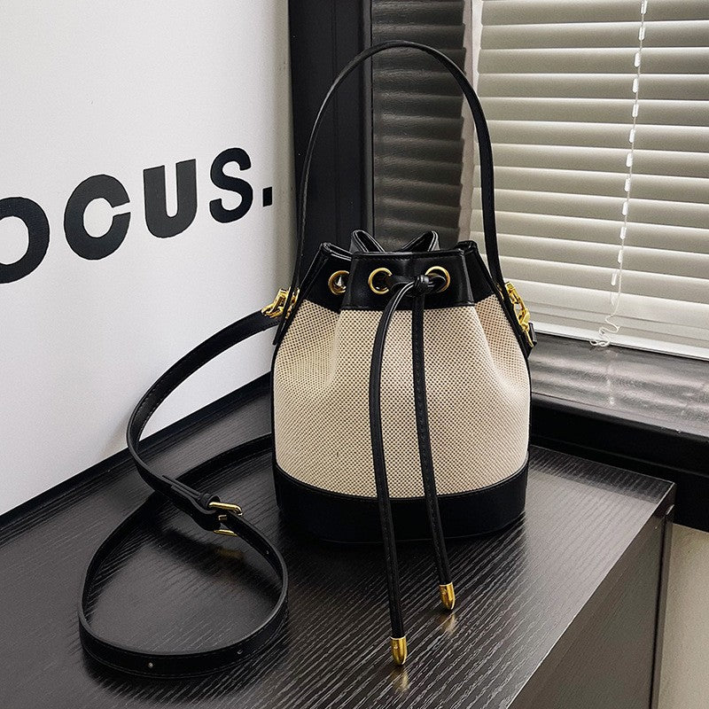 Canvas Drawstring Bucket Bag with Top Handle - Black