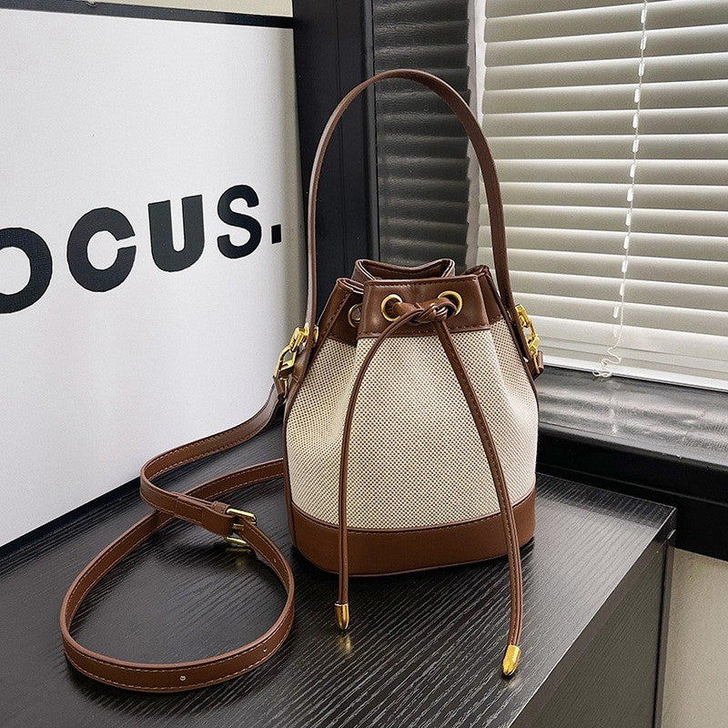 Canvas Drawstring Bucket Bag with Top Handle - Coffee