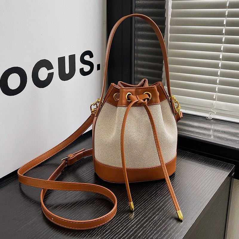 Canvas Drawstring Bucket Bag with Top Handle - Tan