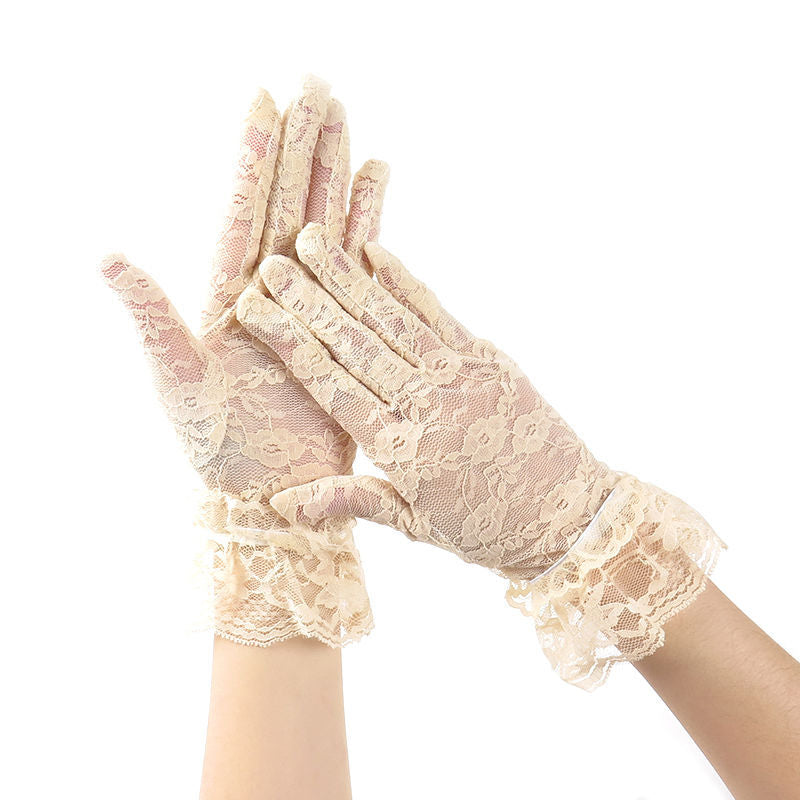 Ruffle Cuff Lace Wrist Gloves - Beige