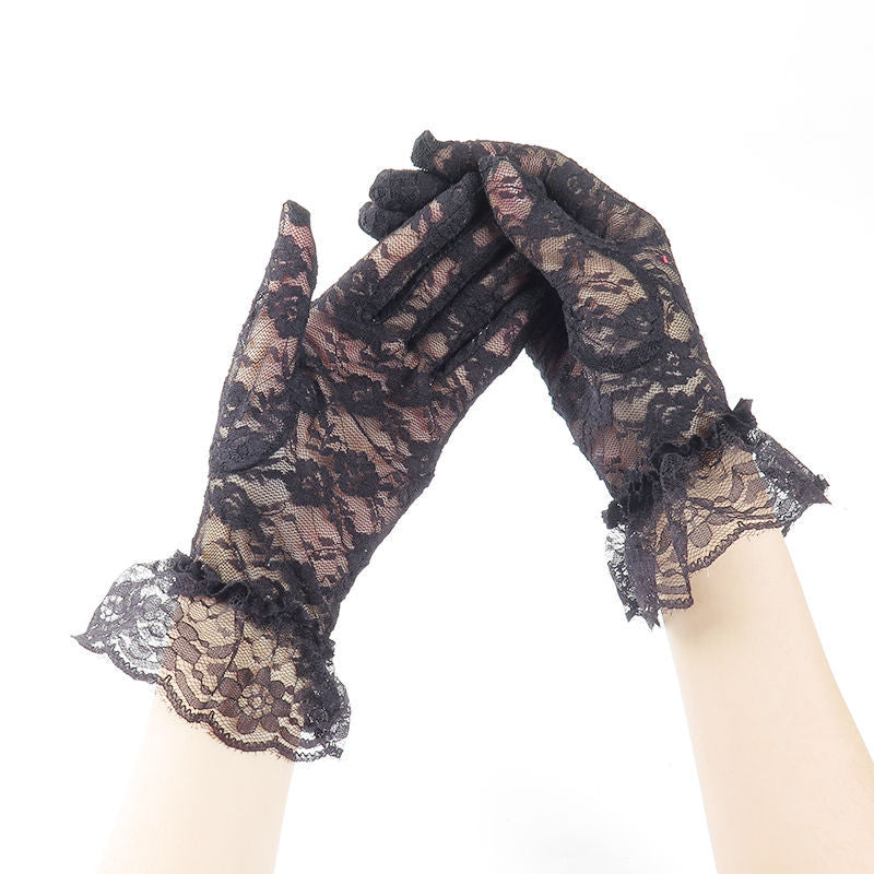 Ruffle Cuff Lace Wrist Gloves - Black