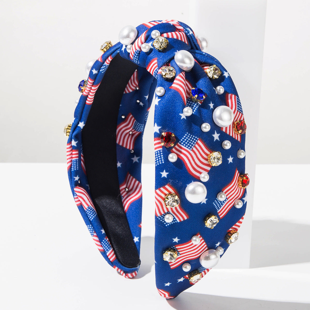 Patriotic Flag Print Rhinestone Knot Headband - Blue