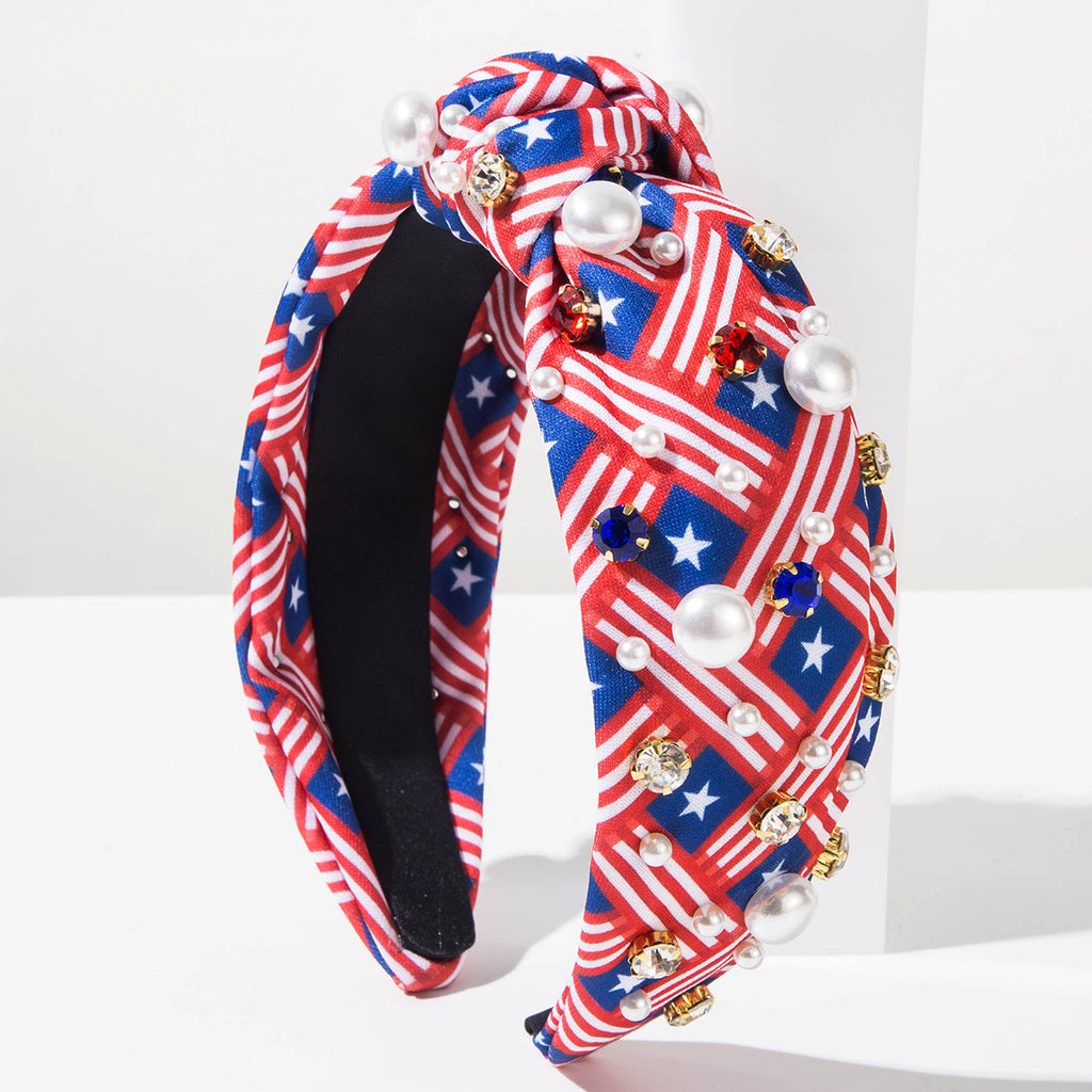 Patriotic Flag Print Rhinestone Knot Headband - Red