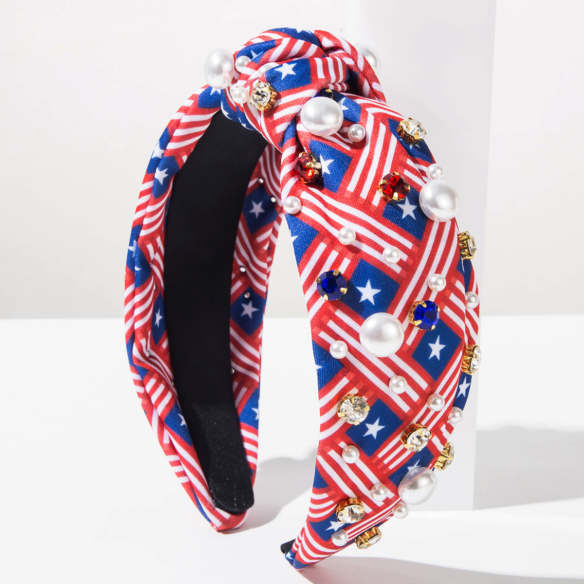 Patriotic Flag Print Rhinestone Knot Headband - Red