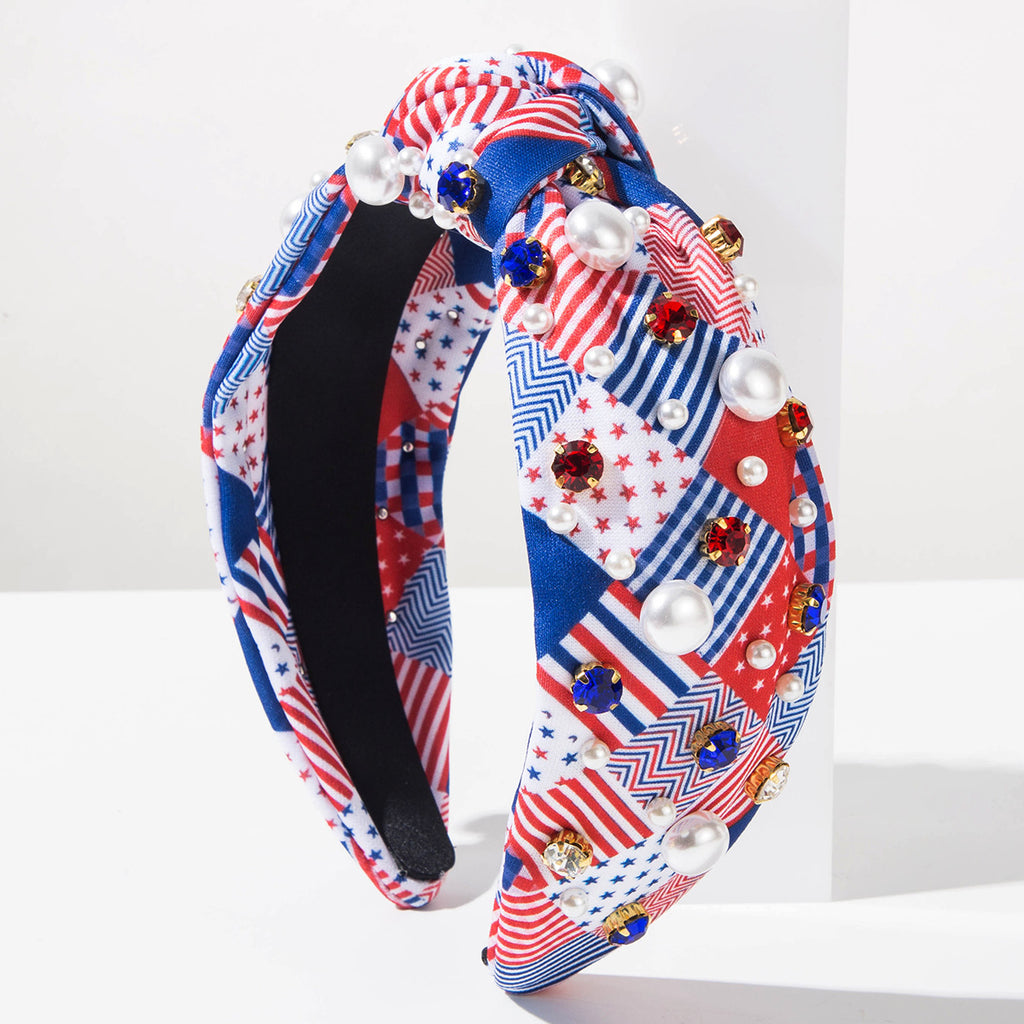 Patriotic Flag Print Rhinestone Knot Headband - White
