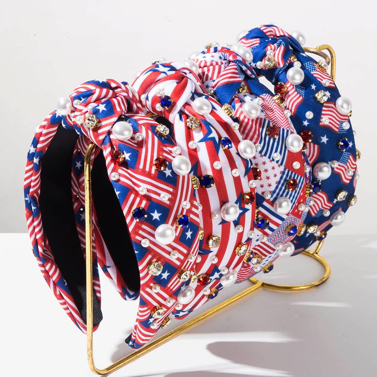 Patriotic Flag Print Rhinestone Knot Headband