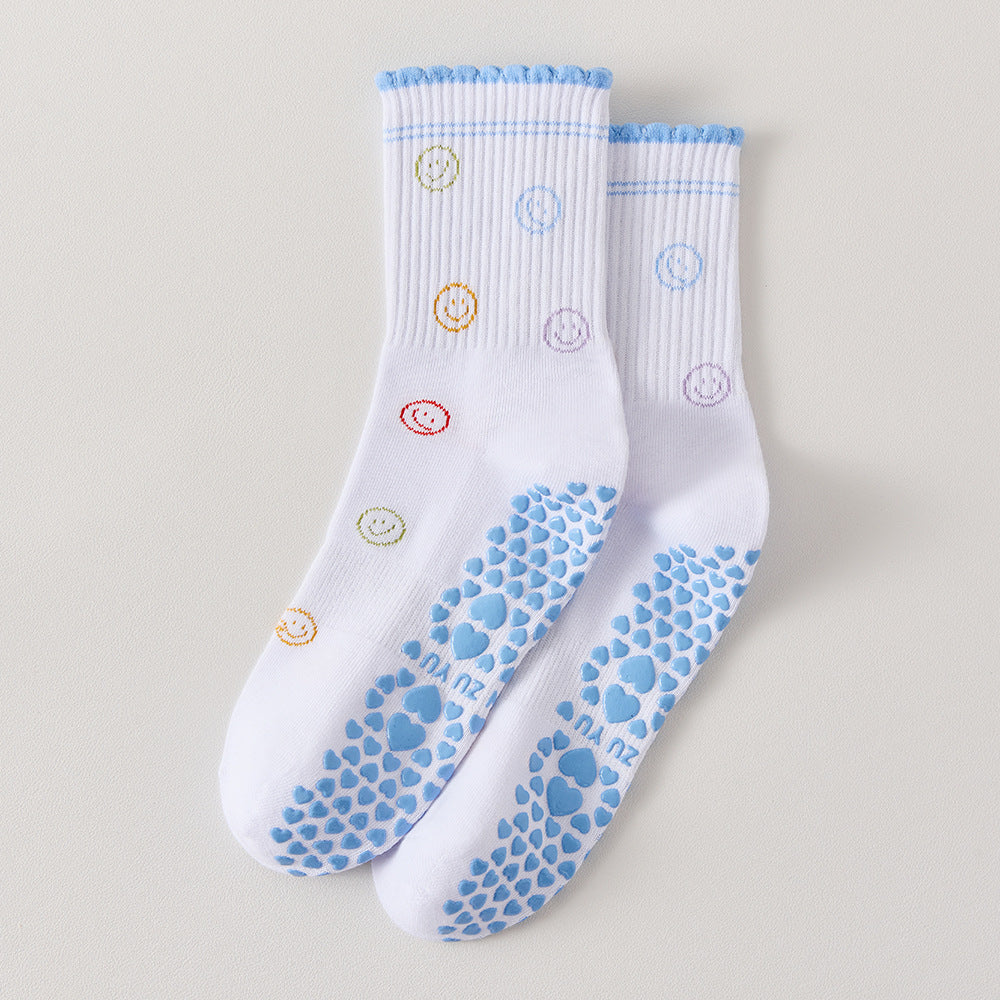 Ruffle Cuff Non Slip Grip Socks with Playful Prints - Blue