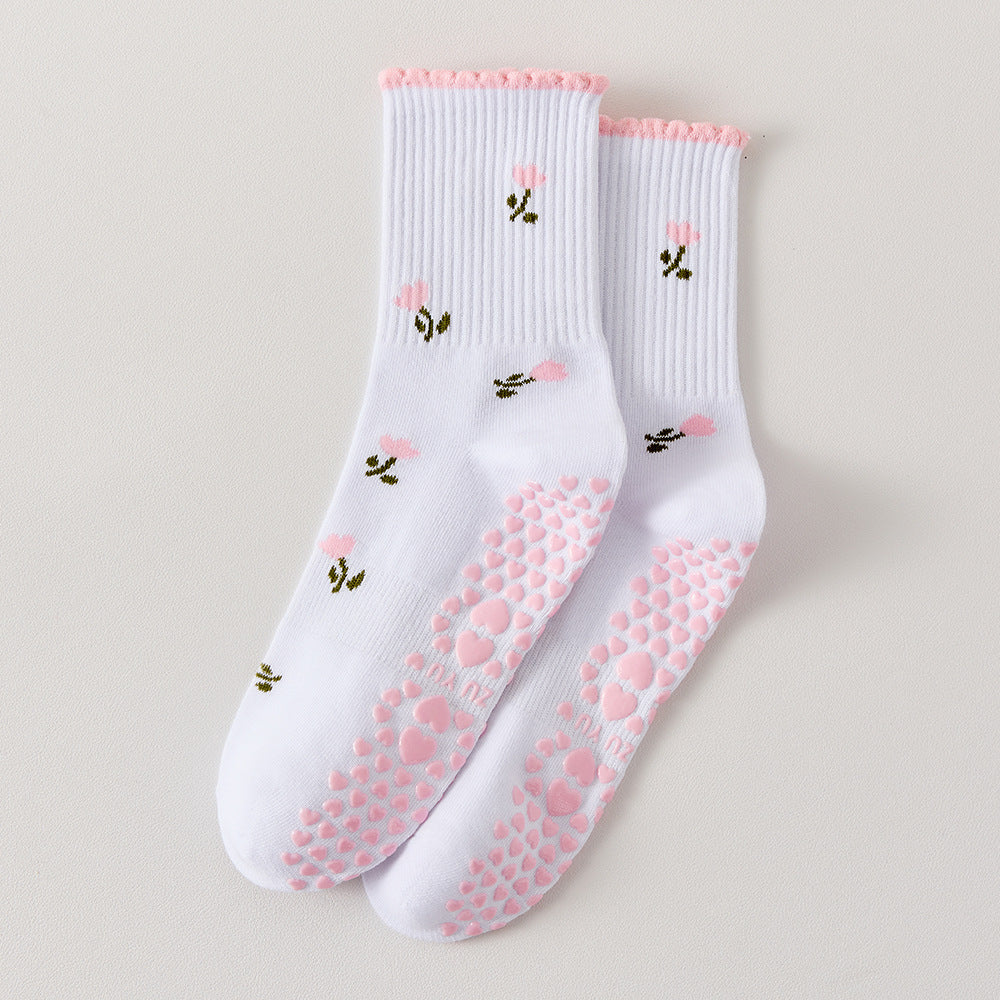 Ruffle Cuff Non Slip Grip Socks with Playful Prints - Flower