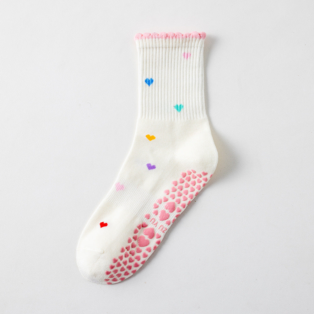 Ruffle Cuff Non Slip Grip Socks with Playful Prints - MilkWhite