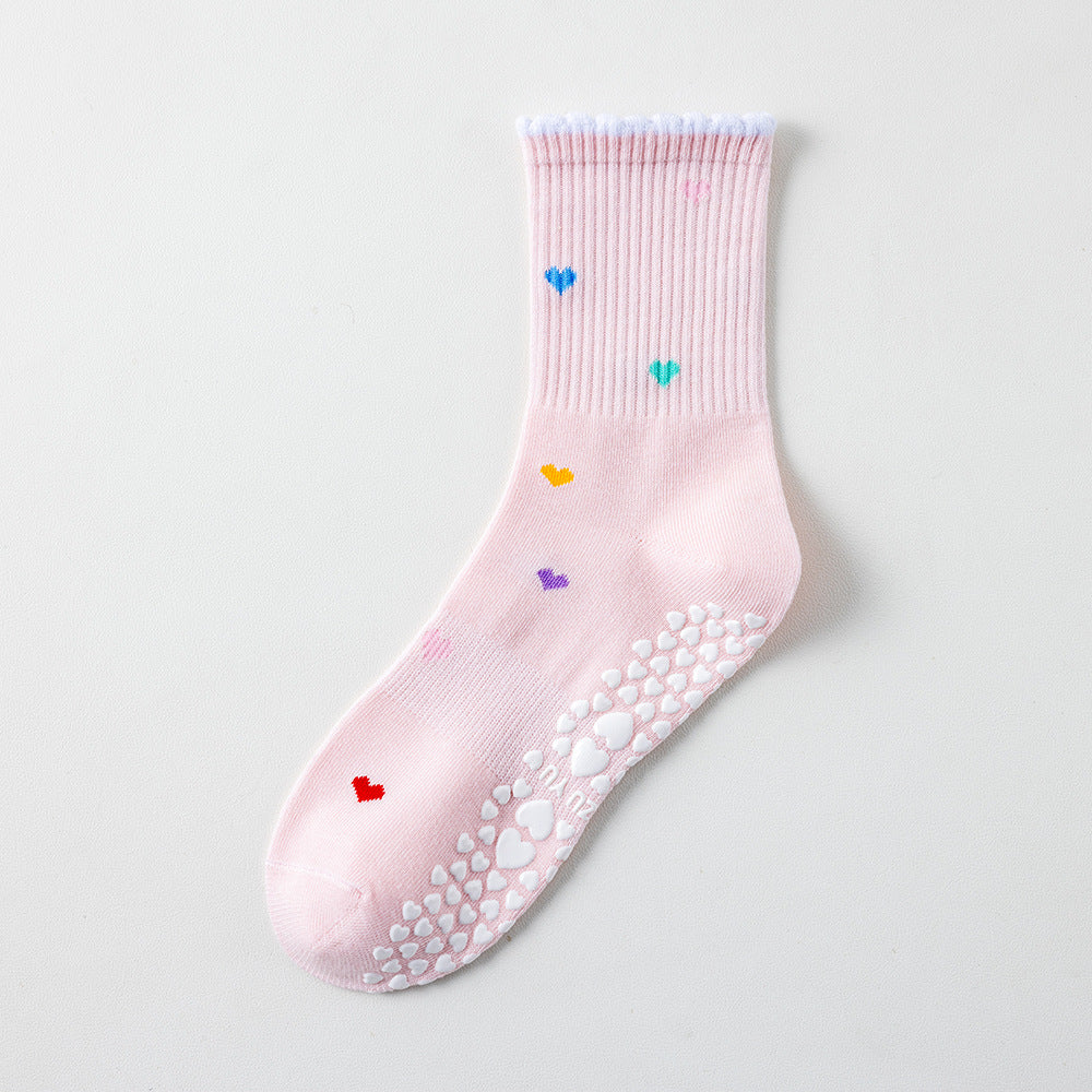 Ruffle Cuff Non Slip Grip Socks with Playful Prints - Pink