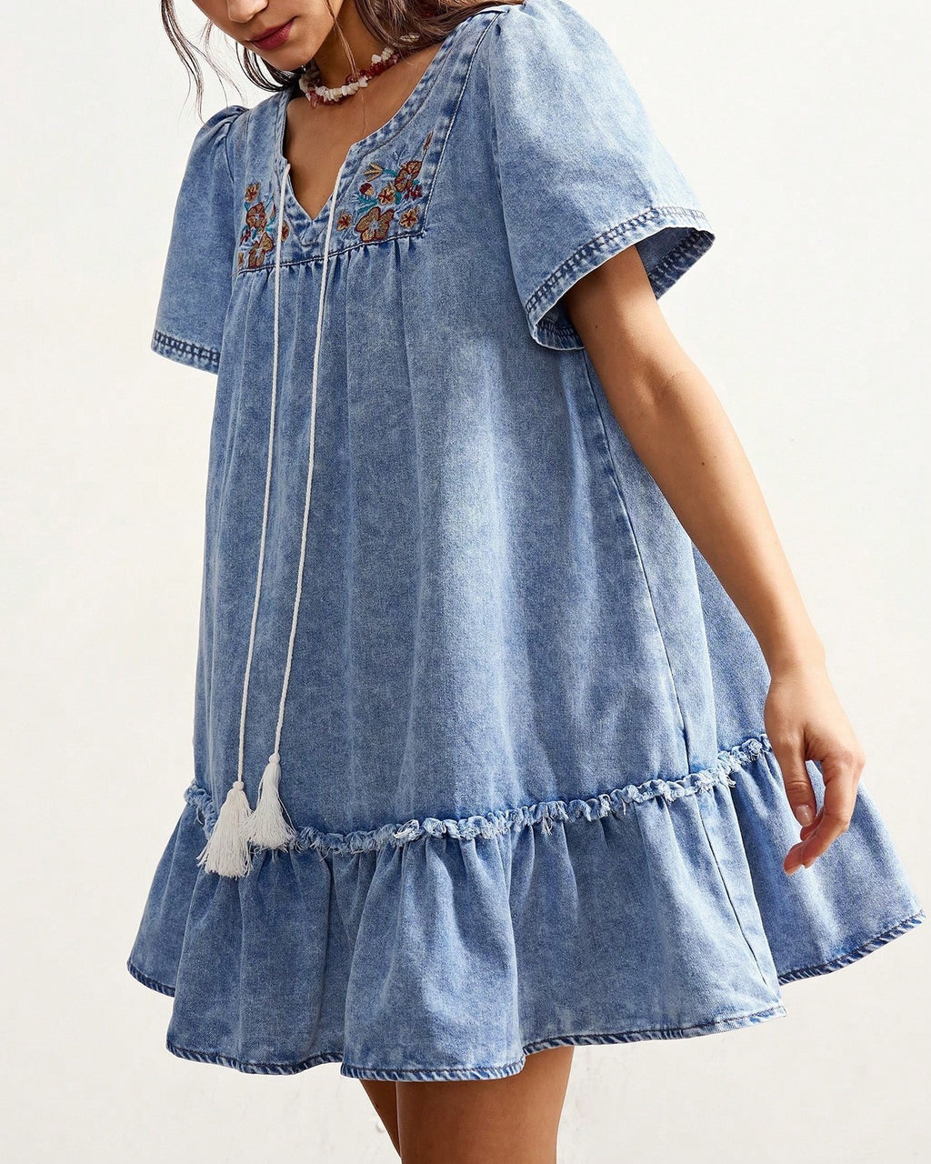 Floral Embroidered Denim Babydoll Mini Dress - Blue - 2