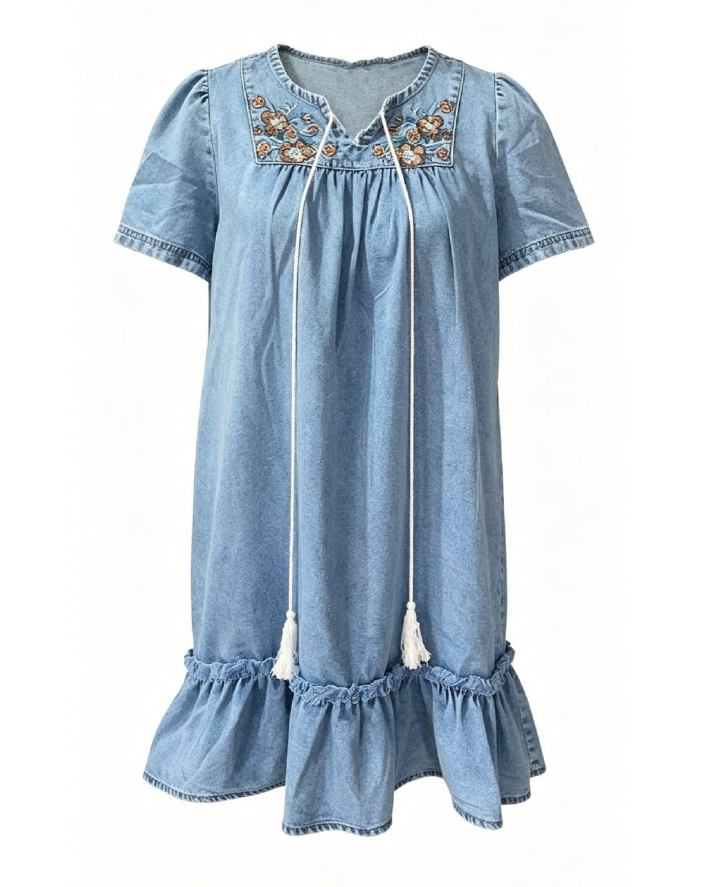 Floral Embroidered Denim Babydoll Mini Dress - Blue - 3