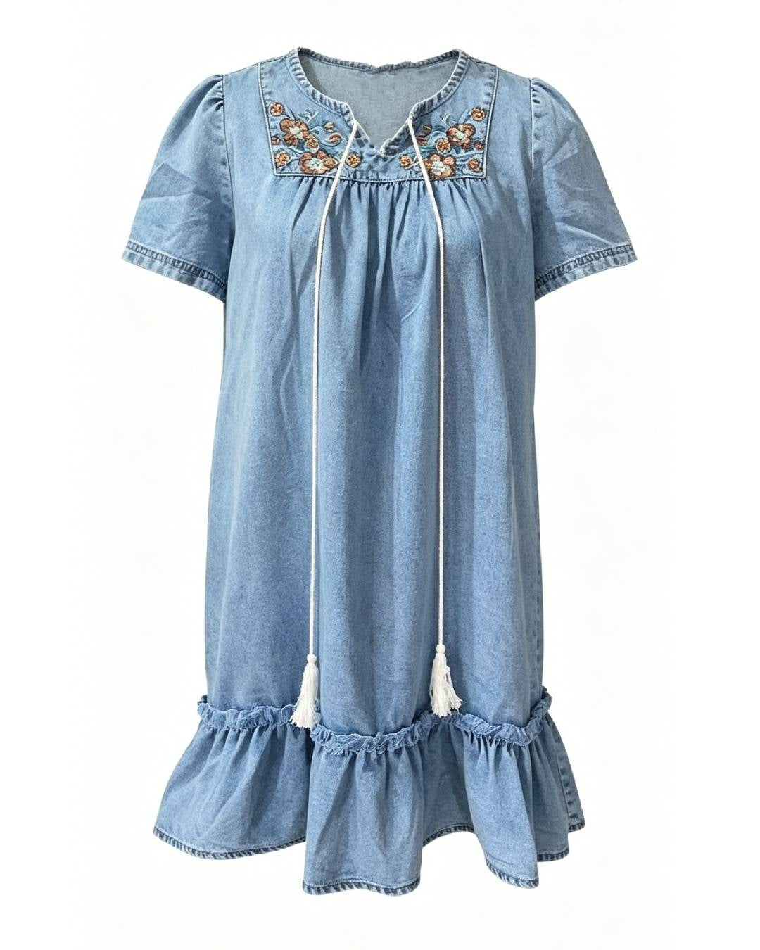 Floral Embroidered Denim Babydoll Mini Dress - Blue - 3