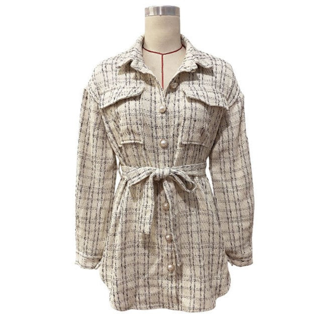 Belted Plaid Tweed Longline Shirt Jacket - Apricot - 2