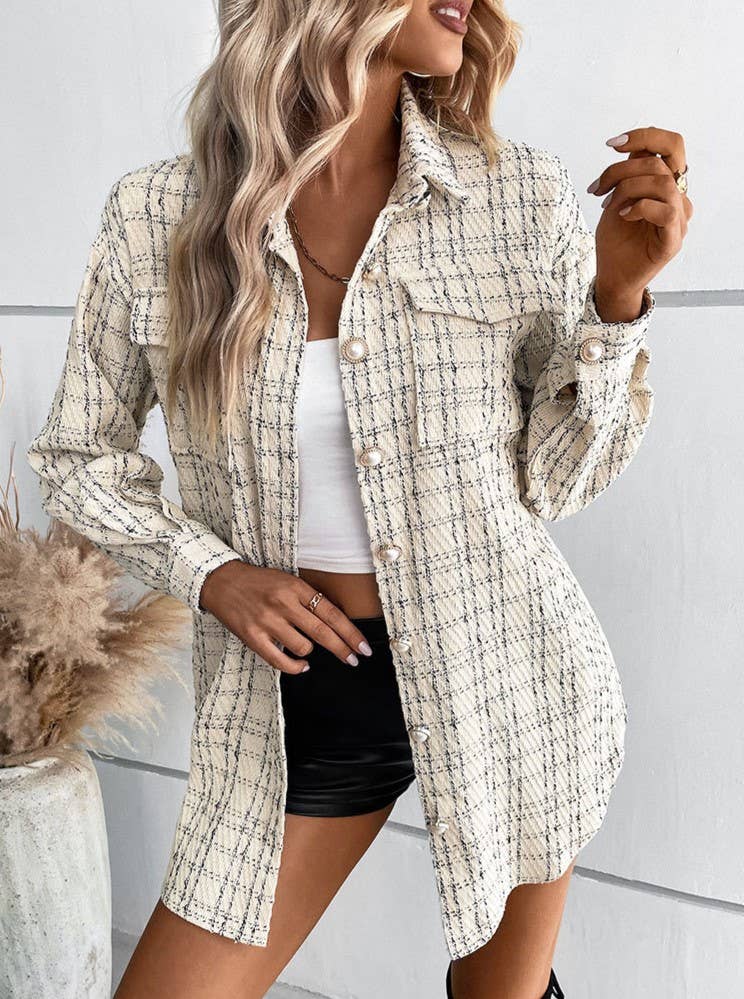 Belted Plaid Tweed Longline Shirt Jacket
