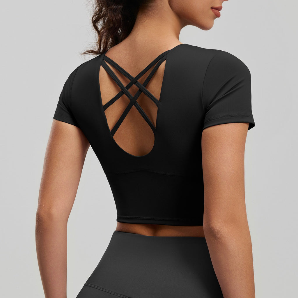 Cross Back Cropped Workout Tee With Built-In Pads - Black