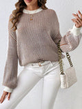 Vertical Stripe Balloon Sleeve Ribbed Sweater - Striped