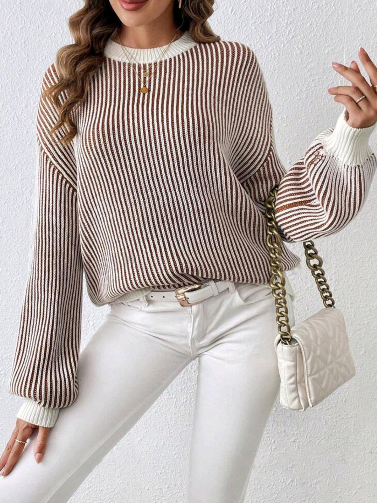 Vertical Stripe Balloon Sleeve Ribbed Sweater - Striped