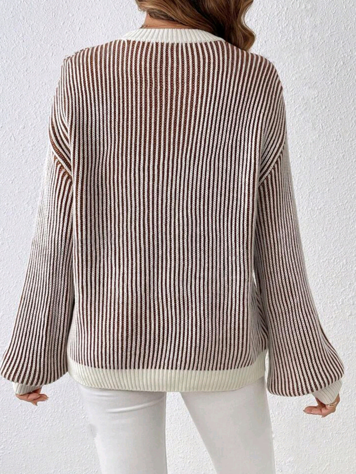Vertical Stripe Balloon Sleeve Ribbed Sweater - Striped - 2