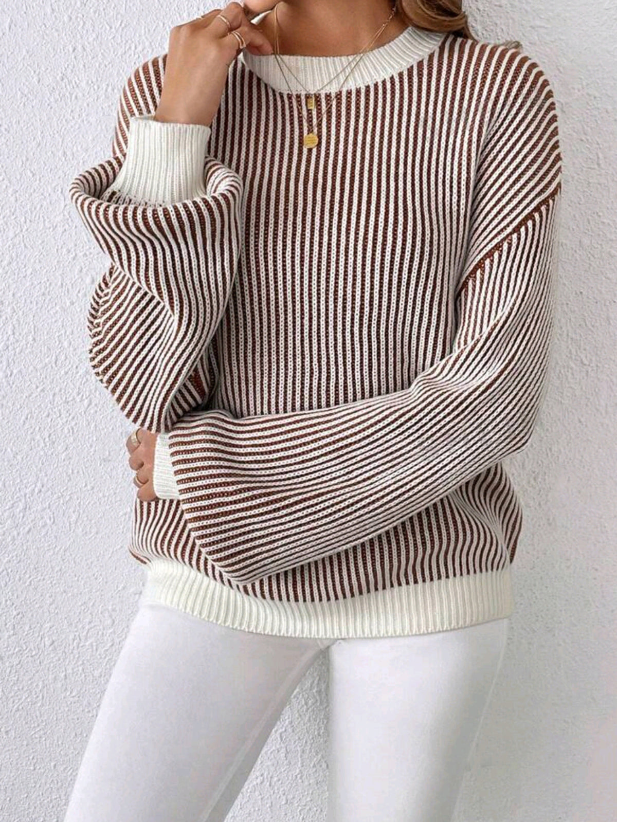 Vertical Stripe Balloon Sleeve Ribbed Sweater - Striped - 4