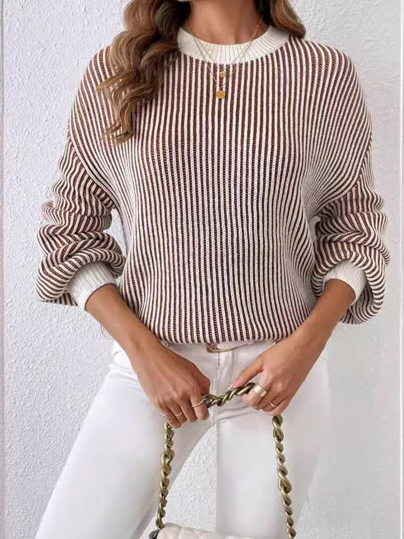 Vertical Stripe Balloon Sleeve Ribbed Sweater - Striped - 5