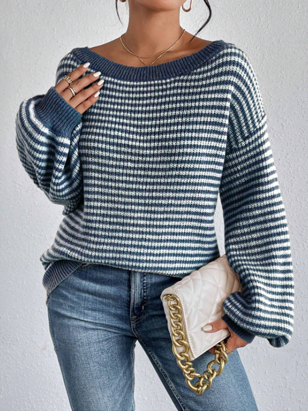 Fine Stripe Boat Neck Jumper - Blue - 2