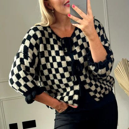 Ruffle Cuff Checkerboard Knit Cardigan - Black