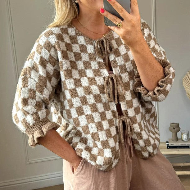 Ruffle Cuff Checkerboard Knit Cardigan - Khaki